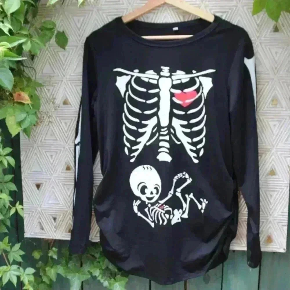 Grunge-Inspired Skeleton Maternity Long Sleeve Shirt – Punk Pregnancy Tee, Funny